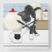 Grey White Cat Funny Tea Mok Keuken Vierkante Klok (Voorkant)