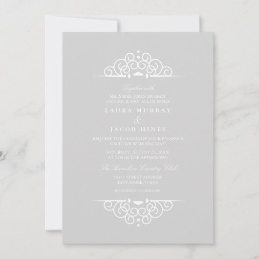 Grey & White scroll bruiloft uitnodiging (Voorkant)