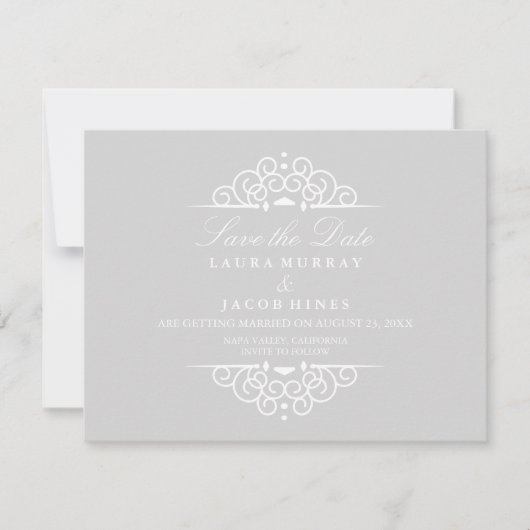 Grey & White  Scroll Wedding Sla de datum op Save The Date (Voorkant)