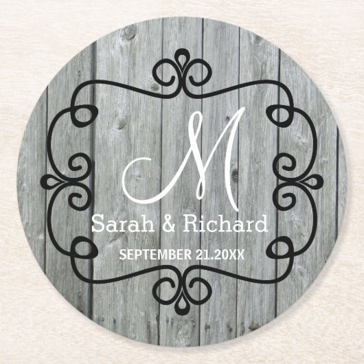 Grey Wood Country Wedding Monogram Ronde Kartonnen Onderzetter (Voorkant)