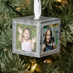 Grey Wood Cube Familie Foto Ornament