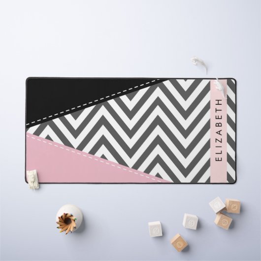 Grey Zigzag, Grey Chevron, Rose, Votre Nom (Tableau pour enfants)