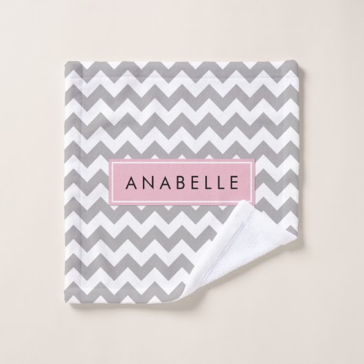 Grey Zigzag, Grey Chevron, Wave Motif, Votre Nom (Gant de toilette)