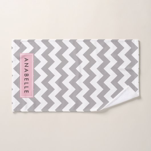Grey Zigzag, Grey Chevron, Wave Motif, Votre Nom (Serviette à main)