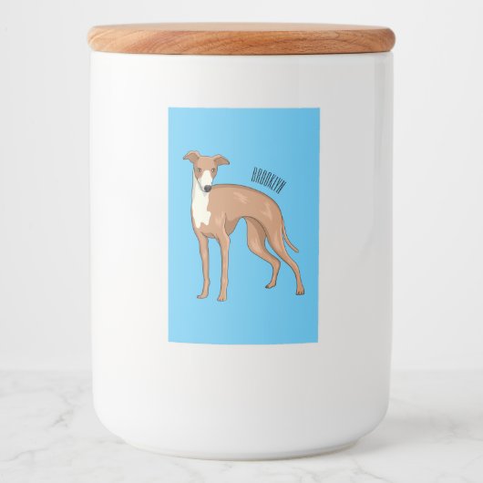 Greyhound dog cartoon illustration voedselcontainer etiket (Voorkant)