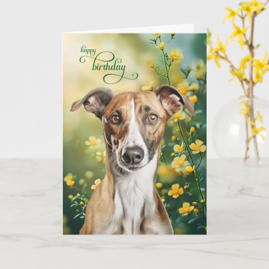 Greyhound Dog Tiny Yellow Flowers Birthday Kaart (Gele Bloem)