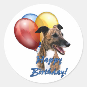 Greyhound Happy Birthday ballons. Ronde Sticker