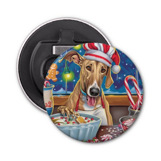 Greyhound Holiday Baking: Feestelijke Kerst Button Flesopener (Voorkant)