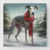 Greyhound Hond in Sneeuw Kerstmis Vierkante Klok (Voorkant)