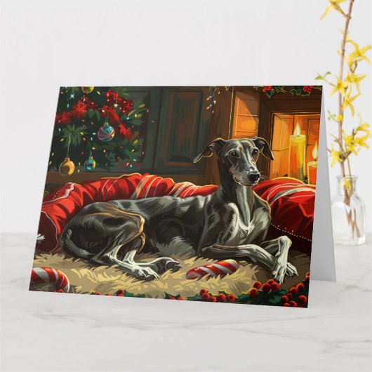 Greyhound Hond Kerstfeest Kaart (Gele Bloem)