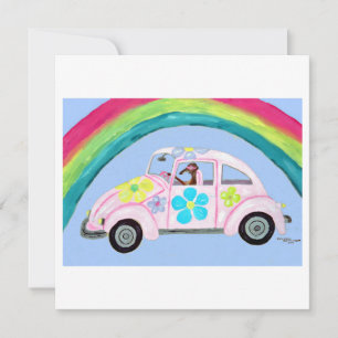 Greyhound in Hippie-auto met Regenboog Kaart