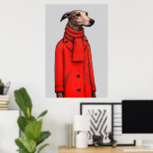 Greyhound in Vivid Red Coat, Modern Drawing Poster (Thuiskantoor)