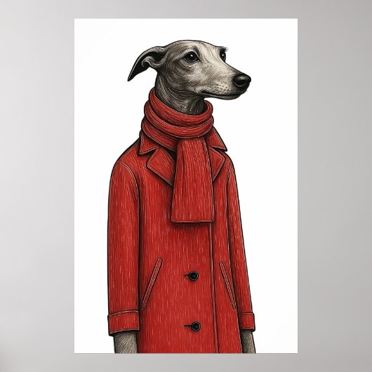 Greyhound in Winter Coat, Stylized Drawing Poster (Voorkant)