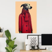 Greyhound in Winter Red Coat, Stylized Drawing Poster (Thuiskantoor)