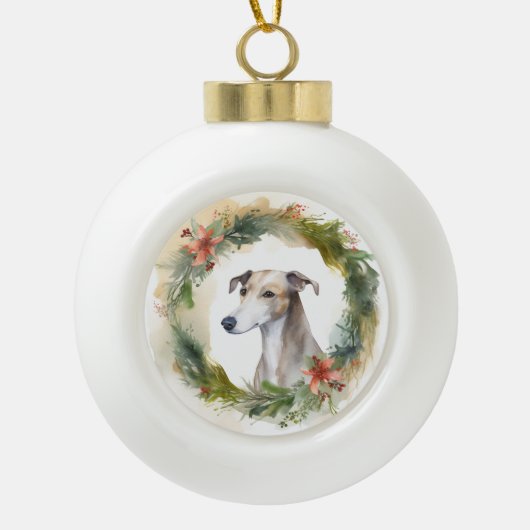 Greyhound Kerstkrans Feestelijke Pup Keramische Bal Ornament (Voorkant)