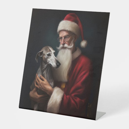 Greyhound Met Sinterklaas Feestelijke Kerstmis Reclamebord Met Voetstuk (Voorkant)