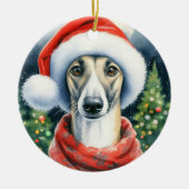 Greyhound Santa Hat Waterverf Kerstmis Keramisch Ornament (Voorkant)