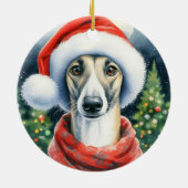 Greyhound Santa Hat Waterverf Kerstmis Keramisch Ornament (Achterkant)
