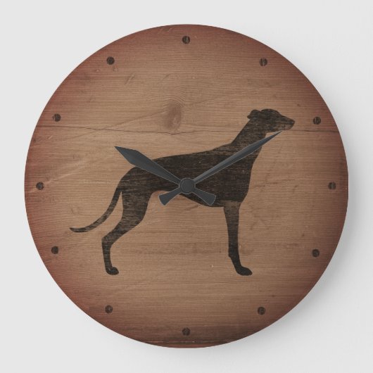 Greyhound Silhouette Rustic Style Grote Klok (Voorkant)