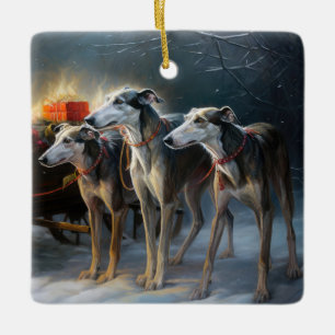 Greyhound Snowy Sleigh Kerstmisdecor Keramisch Ornament