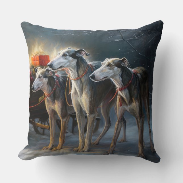 Greyhound Snowy Sleigh Kerstmisdecor Kussen (Voorkant)