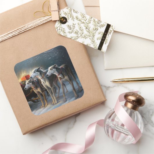 Greyhound Snowy Sleigh Kerstmisdecor Vierkante Sticker (Geschenken)