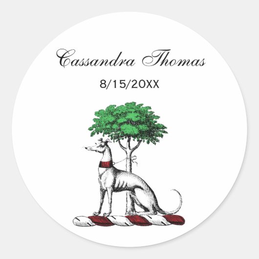 Greyhound Whippet met Boom Heraldic Crest Embleem Ronde Sticker (Voorkant)