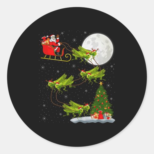 Grhopper Santa Sleigh Flying Funny Magical Christm Ronde Sticker (Voorkant)