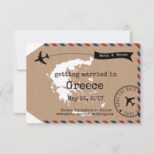 Griekenland Airmail Bagagelabel sparen Datum met K Save The Date (Achterkant)