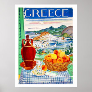 Griekenland, fruit op tafel, uitzicht door raam op poster