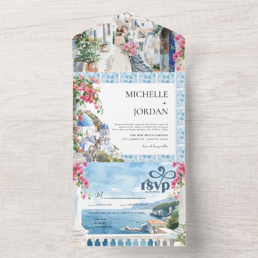 Griekenland | Geïllustreerde mediterrane bruiloft All In One Uitnodiging (Binnen)