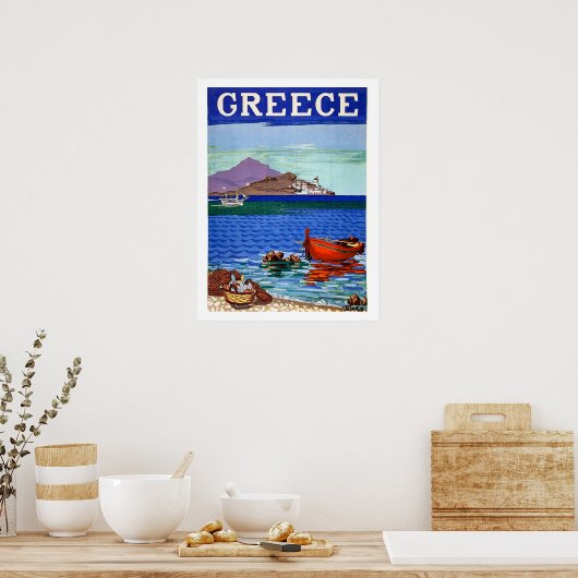Griekenland, kust, vissersboot in het water, poster (Keuken)