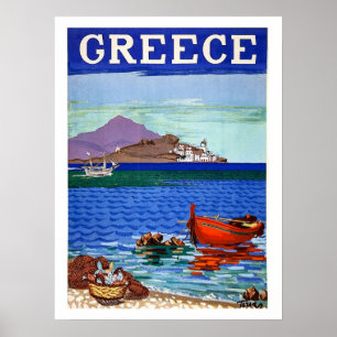Griekenland, kust, vissersboot in het water, vinta poster