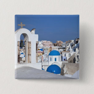 Griekenland, Santorini. Kellentoren en blauwe domp Vierkante Button 5,1 Cm