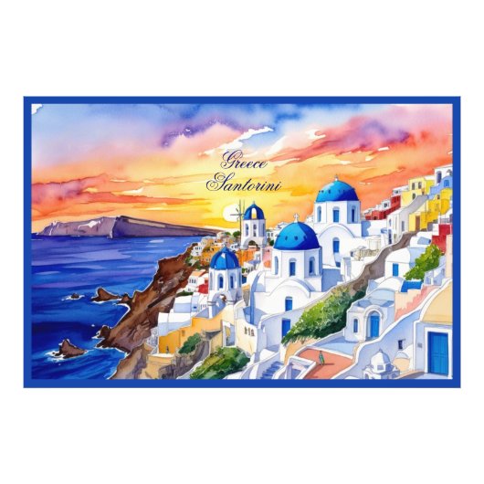 Griekenland Santorini Waterverf schets Egeïsch Zee Foto Afdruk (Voorkant)