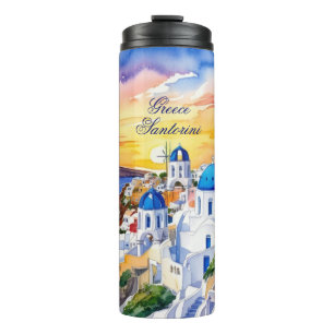 Griekenland Santorini Waterverf schets Egeïsch Zee Thermosbeker