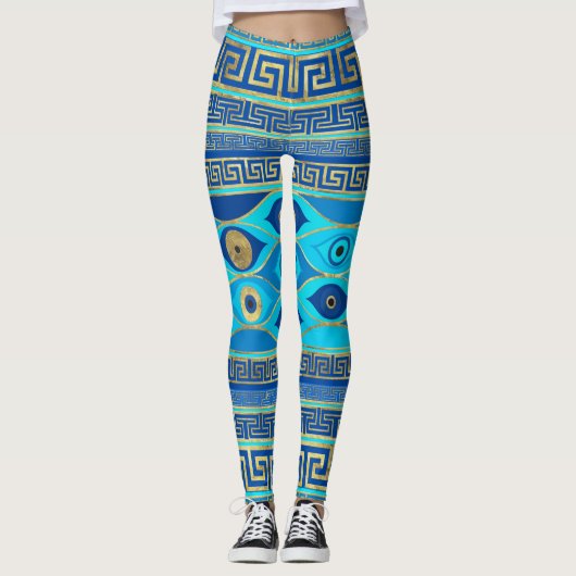 Grieks boze oog en Griekse sleutelversiering Leggings (Voorkant)