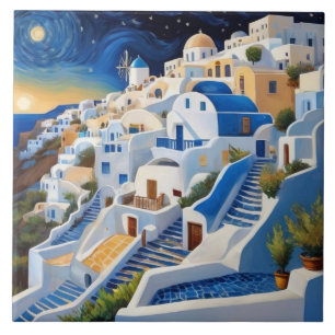 Grieks dorp op de heuvel met windmolen - Griekenla Tegeltje