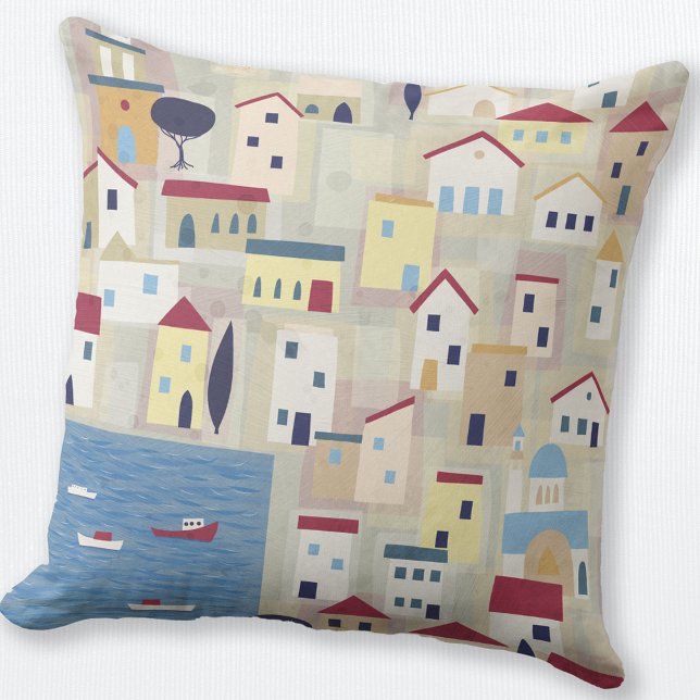 Grieks Eiland Gevist Dorpskunst Kussen (Greek island fishing village abstract art throw pillow)
