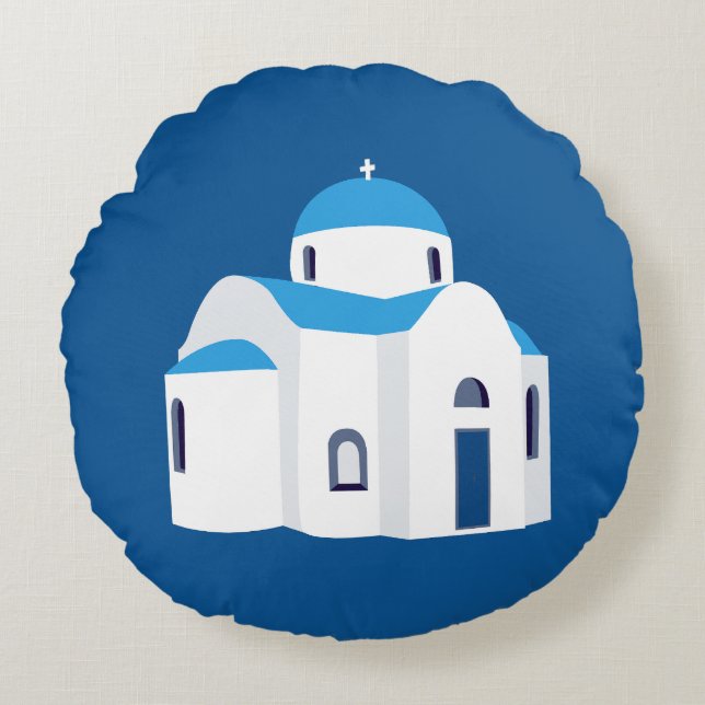 Grieks-eiland Santorini Blue Dome Church Rond Kussen (Voorkant)