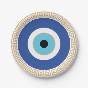 Grieks Evil Eye in Griekse Sleutel Papieren Bordje