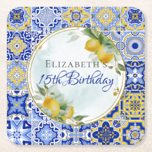Grieks Italiaans Blauw Tegels Citroenen Goud Glitt Vierkante Kartonnen Onderzetter