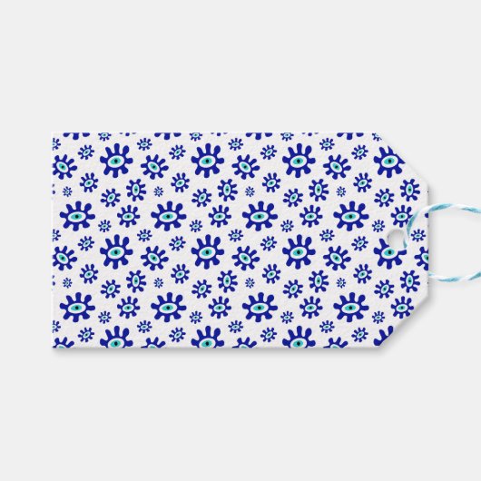 Grieks oog splash blauw wit patroon cadeaulabel (Voorkant (Horizontaal))