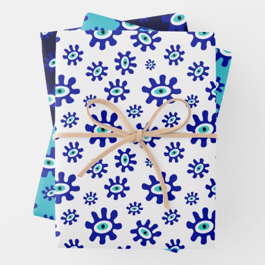 Grieks Oogsymbool Blauw en Wit Patroon Inpakpapier Vel (In situ)