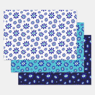Grieks Oogsymbool Blauw en Wit Patroon Inpakpapier Vel