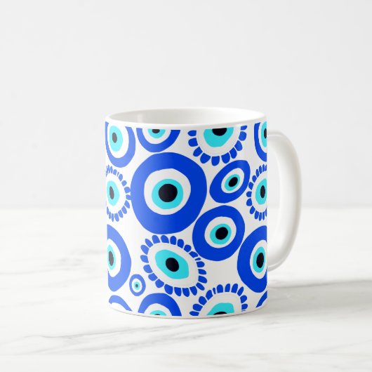 Grieks Oogsymbool Blauw en Wit Patroon Koffiemok (Voorkant rechts)