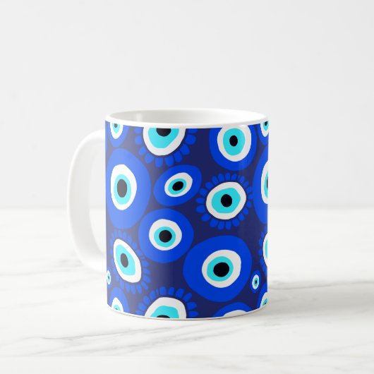 Grieks Oogsymbool Blauw en Wit Patroon Koffiemok (Voorkant links)