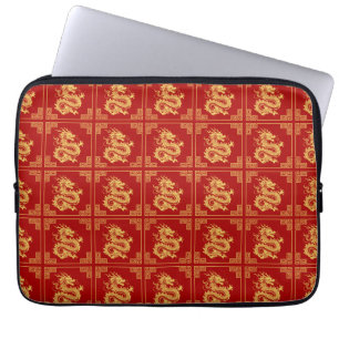Grieks Ornament Lijst Gouden Drakenpatroon Rood Laptop Sleeve