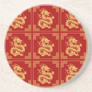 Grieks Ornament Lijst Gouden Drakenpatroon Rood Zandsteen Onderzetter
