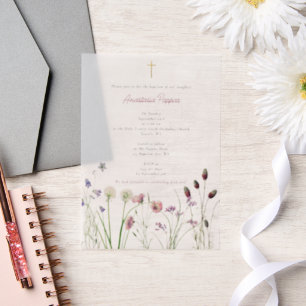 Grieks orthodox doop doop meisje wilde bloem vellum uitnodigingen